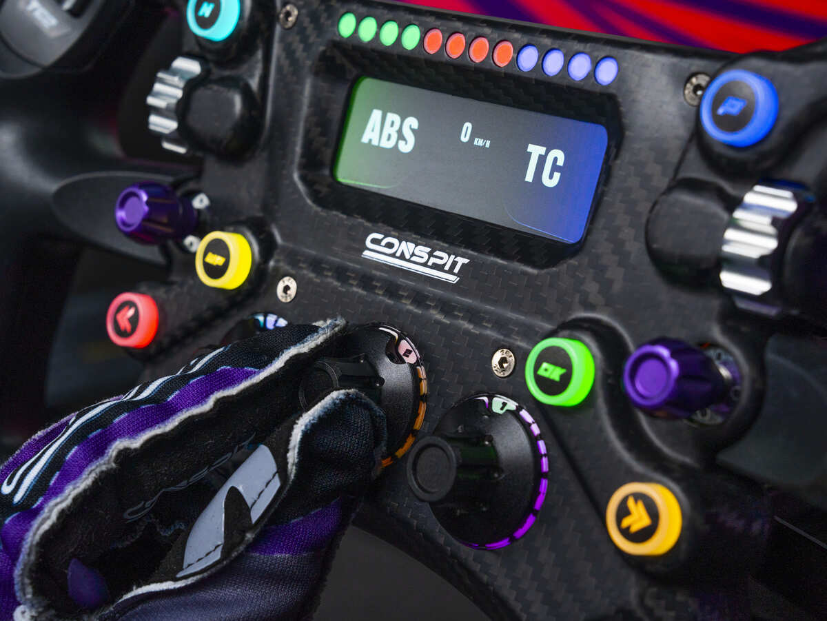 CONSPIT 300GT sim racing wheel featuring detailed controls and a sleek design for immersive racing experience