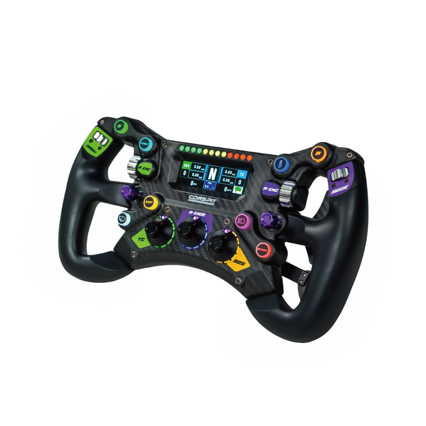CONSPIT 300GT sim racing wheel with customizable buttons and display for immersive racing experiences