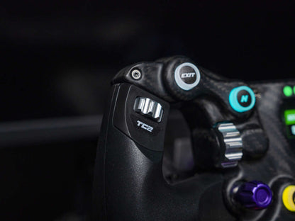 Close-up of the CONSPIT 300GT sim racing wheel featuring detailed controls and a carbon fiber design