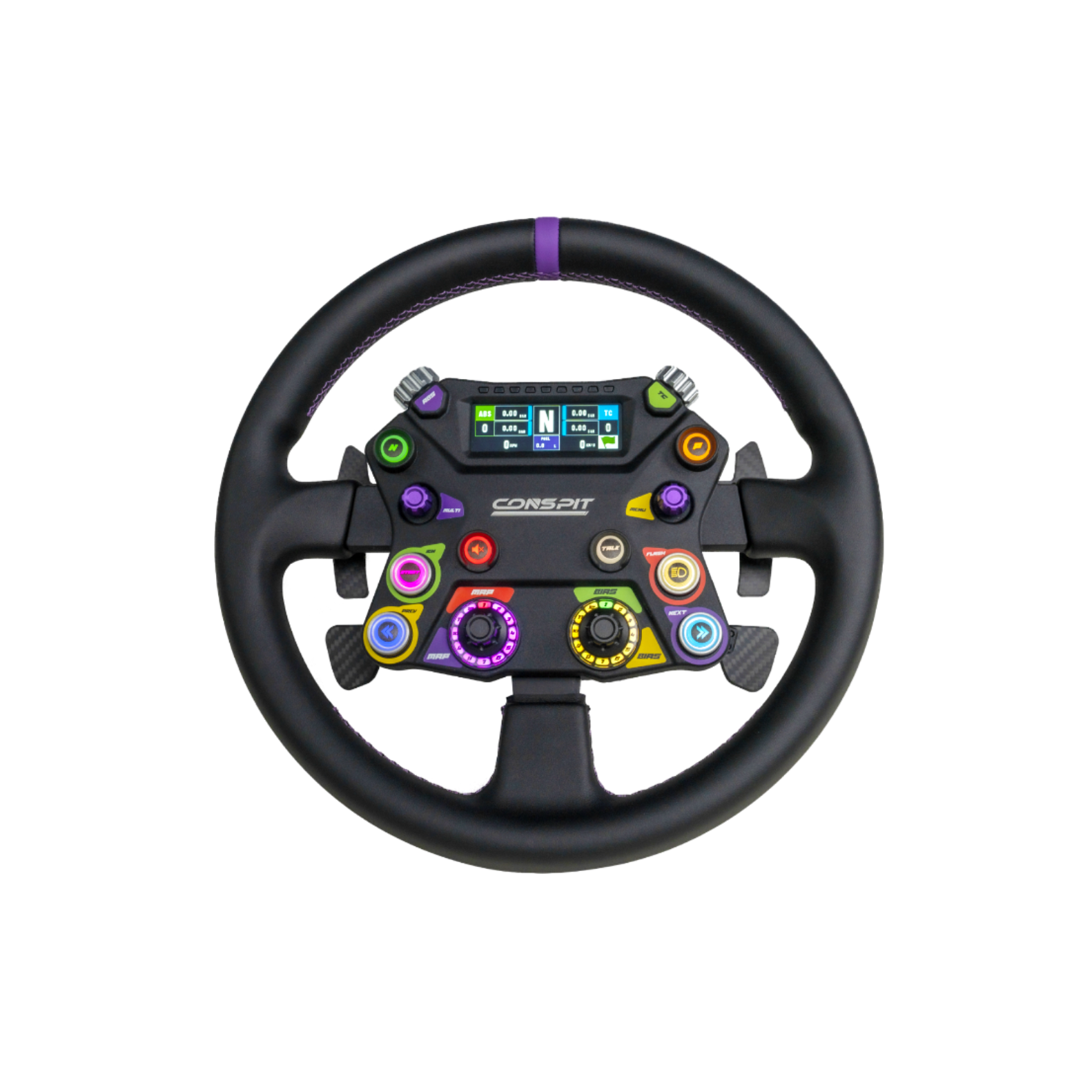 CONSPIT 310 APEX racing wheel featuring vibrant buttons and a sleek design for immersive racing experiences
