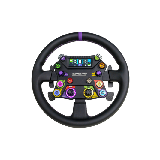 CONSPIT 310 APEX racing wheel featuring vibrant buttons and a sleek design for immersive racing experiences